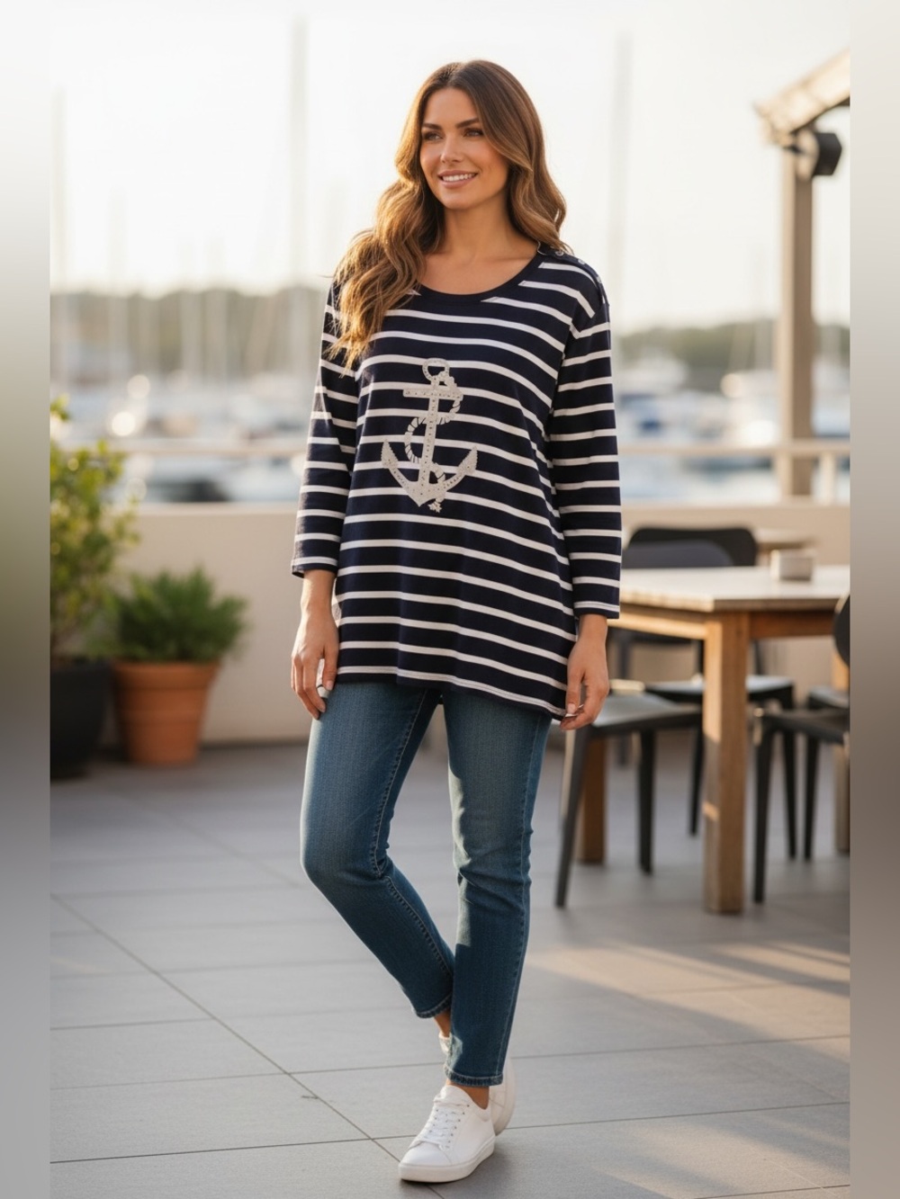 Basic Editions Navy and White Striped Anchor Tunic